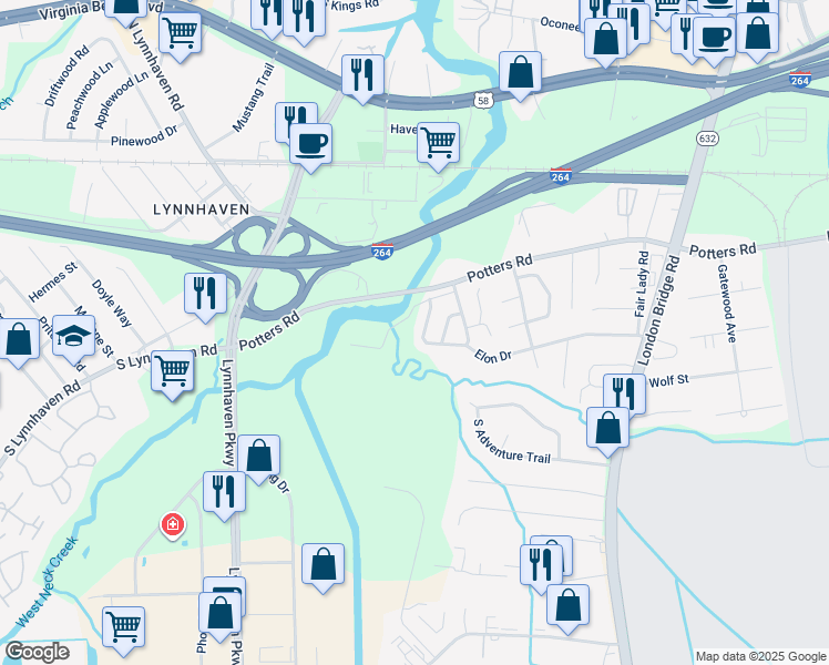 map of restaurants, bars, coffee shops, grocery stores, and more near 2593 Elon Drive in Virginia Beach