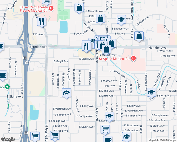 map of restaurants, bars, coffee shops, grocery stores, and more near 6597 North Raisina Avenue in Fresno