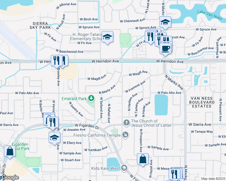 map of restaurants, bars, coffee shops, grocery stores, and more near 6626 North Marty Avenue in Fresno