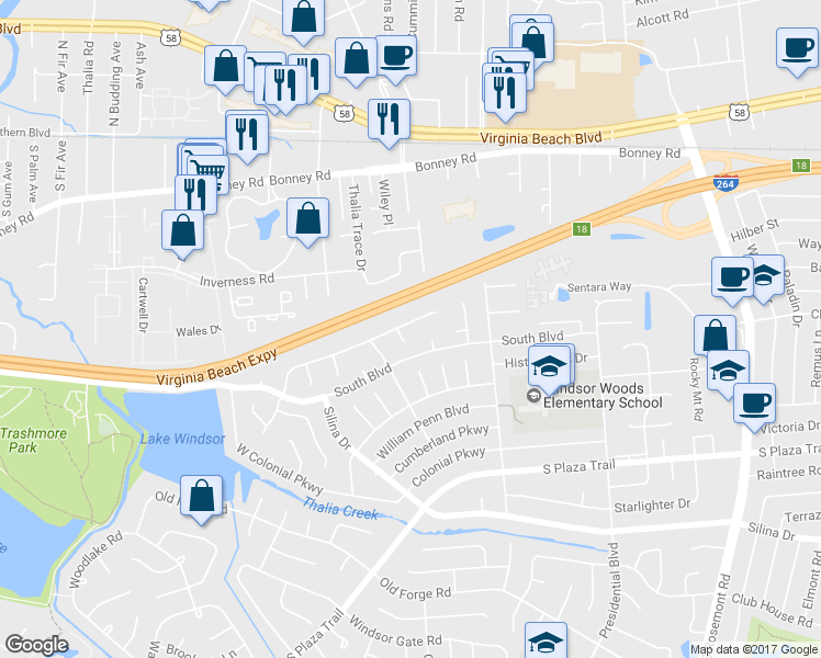 map of restaurants, bars, coffee shops, grocery stores, and more near 3821 Brentwood Crescent in Virginia Beach