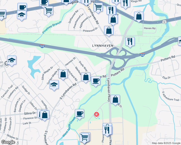 map of restaurants, bars, coffee shops, grocery stores, and more near 256 Doyle Way in Virginia Beach
