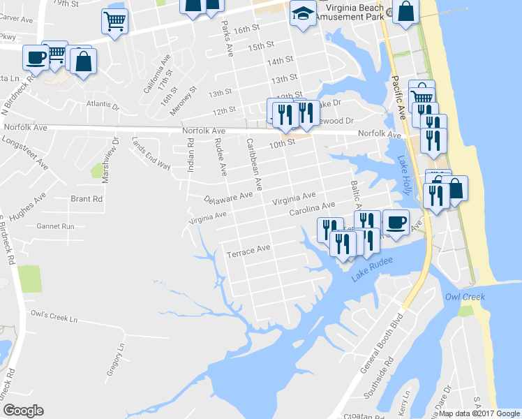 map of restaurants, bars, coffee shops, grocery stores, and more near 800 Virginia Avenue in Virginia Beach