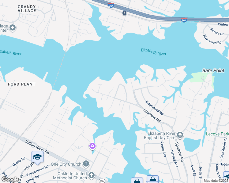 map of restaurants, bars, coffee shops, grocery stores, and more near 113 Fleetwood Road in Chesapeake