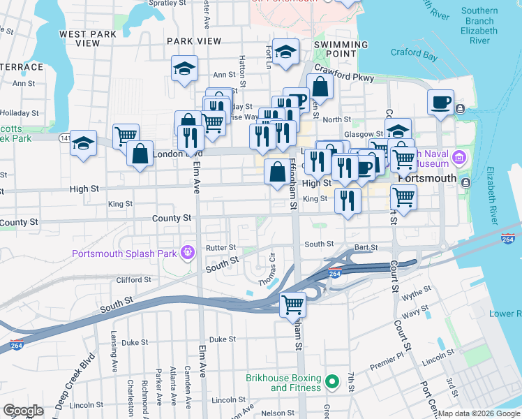 map of restaurants, bars, coffee shops, grocery stores, and more near 930 County Street in Portsmouth