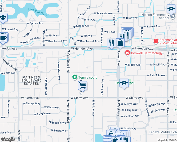 map of restaurants, bars, coffee shops, grocery stores, and more near 2246 West Palo Alto Avenue in Fresno