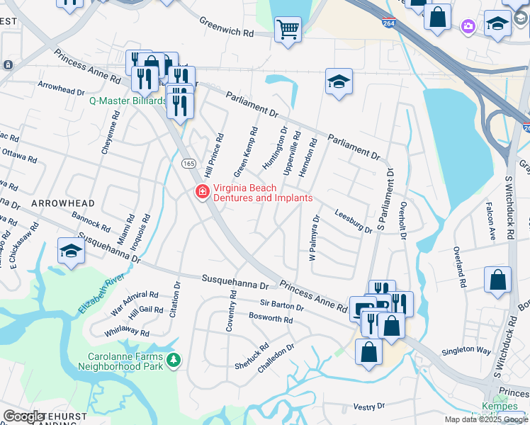 map of restaurants, bars, coffee shops, grocery stores, and more near 5430 Hunt Club Drive in Virginia Beach