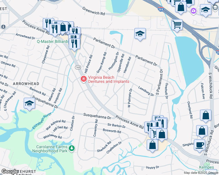 map of restaurants, bars, coffee shops, grocery stores, and more near 5430 Hunt Club Drive in Virginia Beach