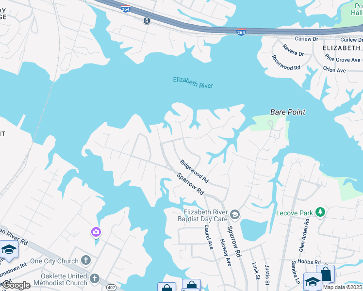 map of restaurants, bars, coffee shops, grocery stores, and more near 116 Goldcrest Drive in Chesapeake