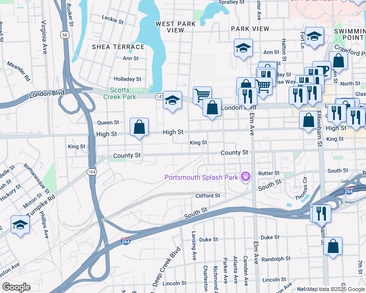 map of restaurants, bars, coffee shops, grocery stores, and more near 1619 King Street in Portsmouth