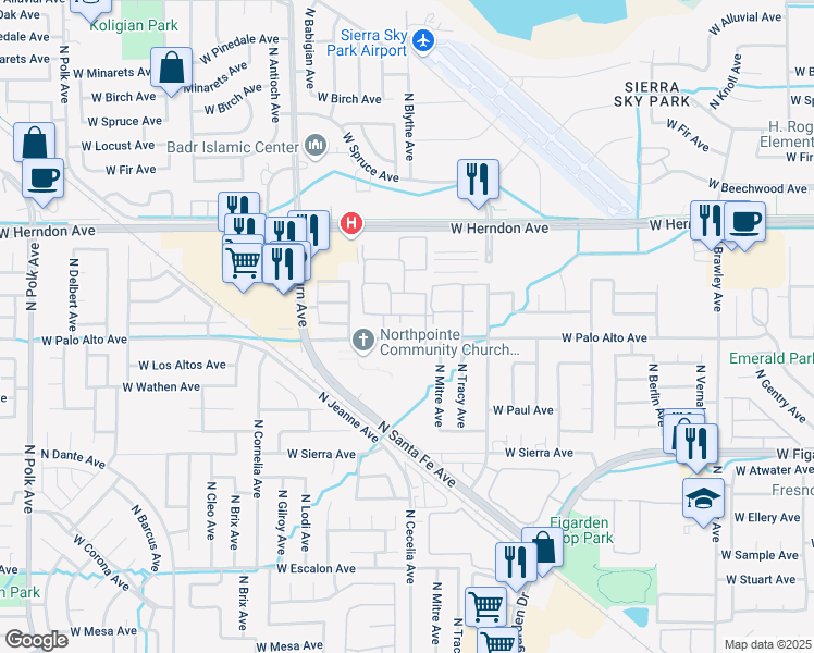 map of restaurants, bars, coffee shops, grocery stores, and more near 4512 West Palo Alto Avenue in Fresno