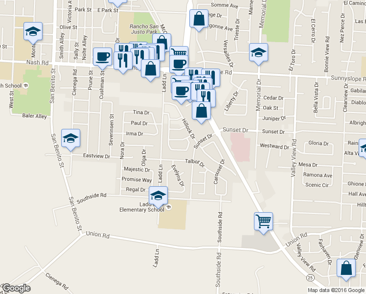 map of restaurants, bars, coffee shops, grocery stores, and more near 1960 Morning Glory Drive in Hollister