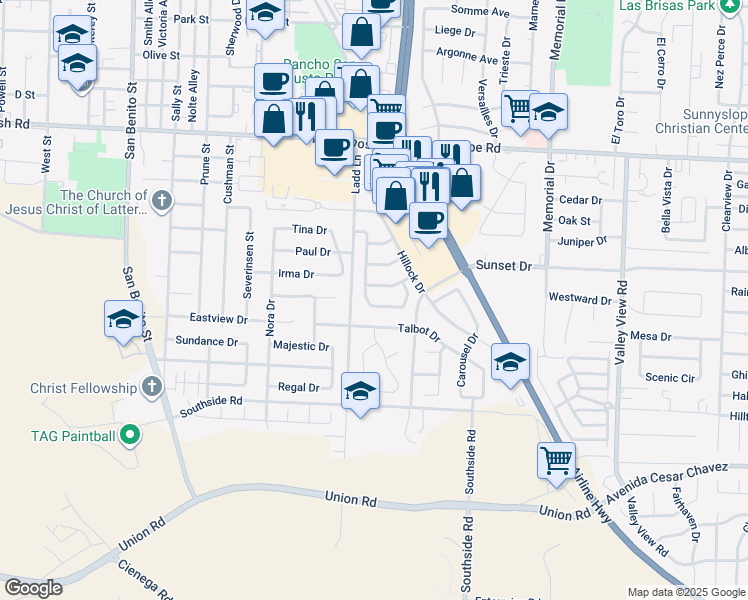 map of restaurants, bars, coffee shops, grocery stores, and more near 1871 Morning Glory Drive in Hollister