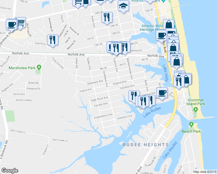 map of restaurants, bars, coffee shops, grocery stores, and more near 800 Virginia Avenue in Virginia Beach