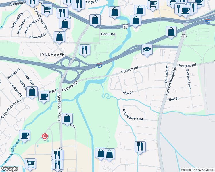 map of restaurants, bars, coffee shops, grocery stores, and more near 2593 Elon Drive in Virginia Beach