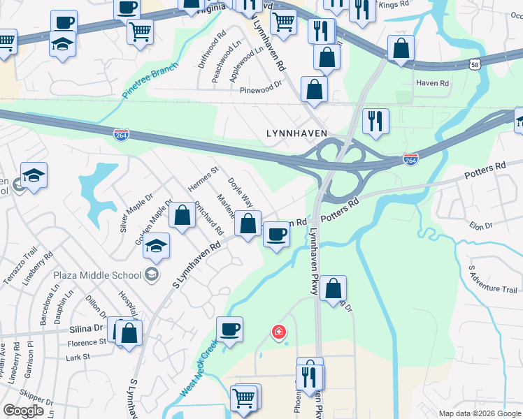 map of restaurants, bars, coffee shops, grocery stores, and more near 256 Doyle Way in Virginia Beach