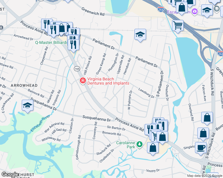 map of restaurants, bars, coffee shops, grocery stores, and more near 5434 Hunt Club Drive in Virginia Beach