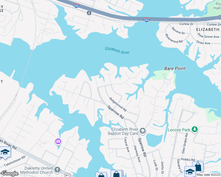 map of restaurants, bars, coffee shops, grocery stores, and more near 116 Goldcrest Drive in Chesapeake