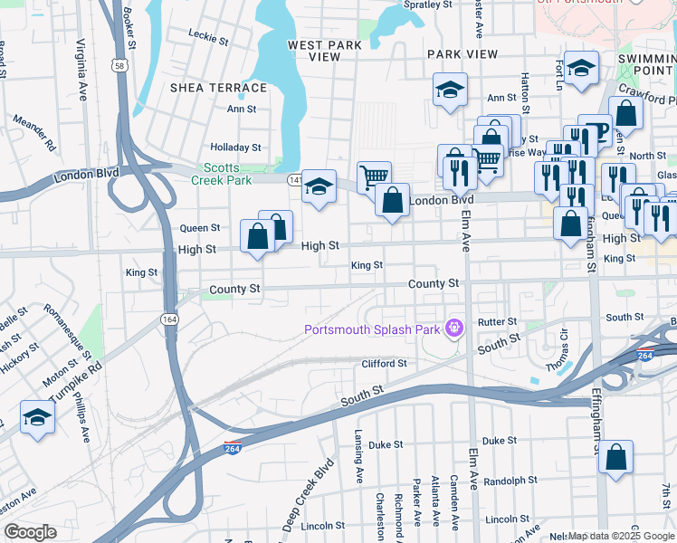 map of restaurants, bars, coffee shops, grocery stores, and more near 1619 King Street in Portsmouth