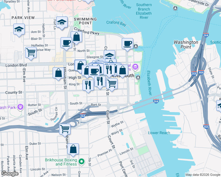 map of restaurants, bars, coffee shops, grocery stores, and more near 346 County Street in Portsmouth