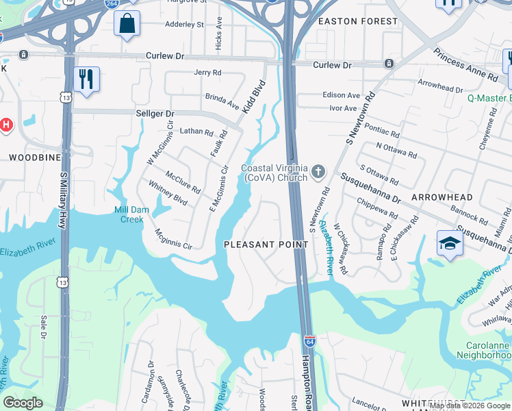 map of restaurants, bars, coffee shops, grocery stores, and more near 357 Peace Haven Drive in Norfolk