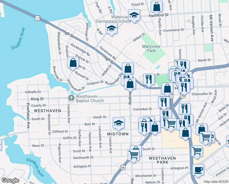 map of restaurants, bars, coffee shops, grocery stores, and more near 3820 King Street in Portsmouth