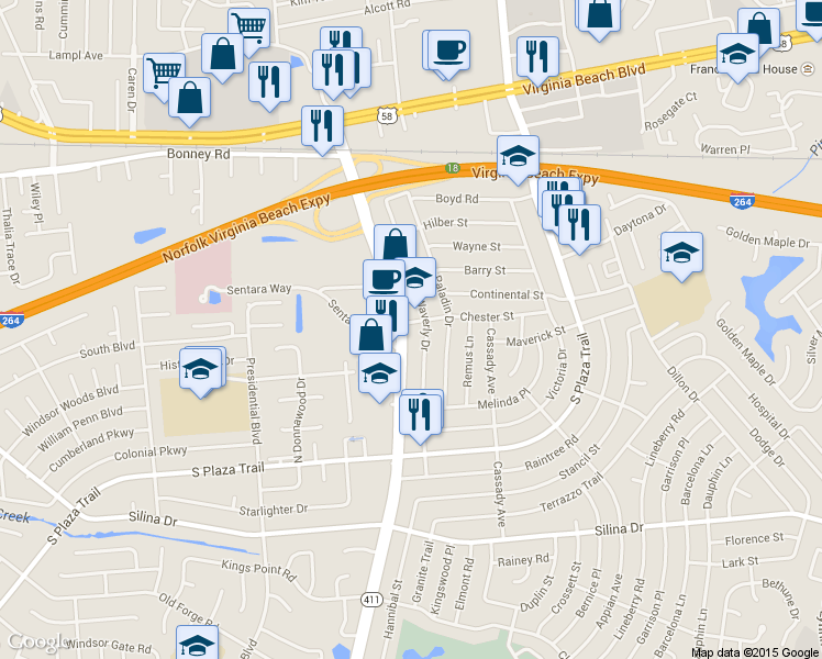 map of restaurants, bars, coffee shops, grocery stores, and more near 200 South Rosemont Road in Virginia Beach