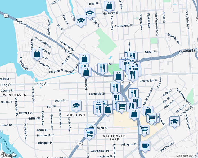 map of restaurants, bars, coffee shops, grocery stores, and more near 3511 Western Branch Boulevard in Portsmouth