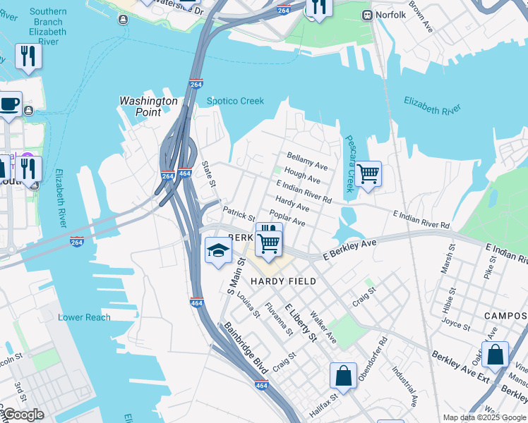 map of restaurants, bars, coffee shops, grocery stores, and more near 502 South Main Street in Norfolk