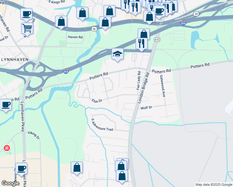 map of restaurants, bars, coffee shops, grocery stores, and more near 2464 Elon Drive in Virginia Beach