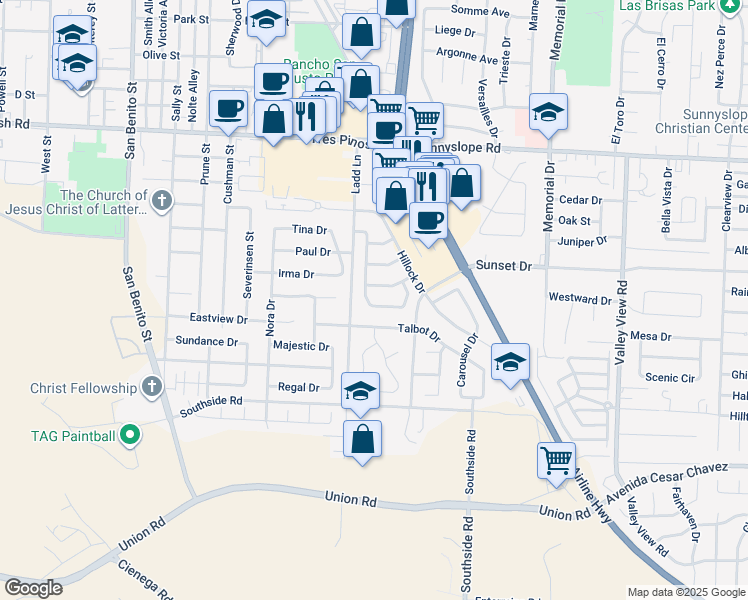 map of restaurants, bars, coffee shops, grocery stores, and more near 1871 Morning Glory Drive in Hollister