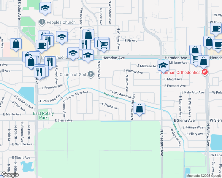 map of restaurants, bars, coffee shops, grocery stores, and more near 2564 East Palo Alto Avenue in Fresno