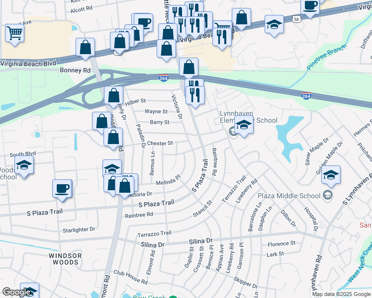 map of restaurants, bars, coffee shops, grocery stores, and more near 3504 Maverick Street in Virginia Beach