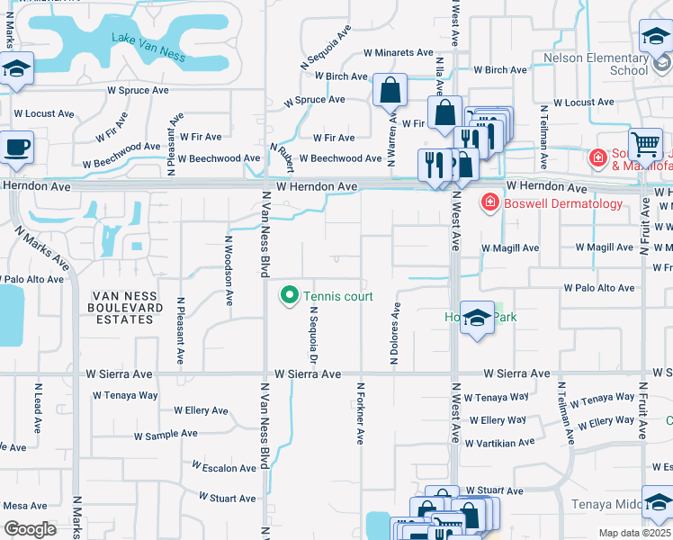 map of restaurants, bars, coffee shops, grocery stores, and more near 2246 West Palo Alto Avenue in Fresno