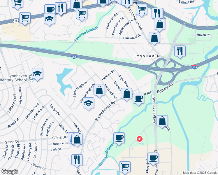 map of restaurants, bars, coffee shops, grocery stores, and more near 256 Pritchard Road in Virginia Beach