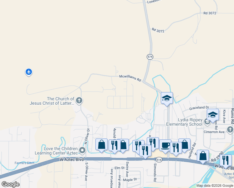 map of restaurants, bars, coffee shops, grocery stores, and more near 3220 Blancett Drive in Aztec