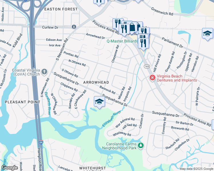 map of restaurants, bars, coffee shops, grocery stores, and more near 236 Cheyenne Road in Virginia Beach