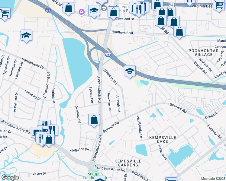 map of restaurants, bars, coffee shops, grocery stores, and more near 238 Bowman Road in Virginia Beach