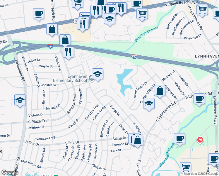 map of restaurants, bars, coffee shops, grocery stores, and more near 376 Golden Maple Drive in Virginia Beach