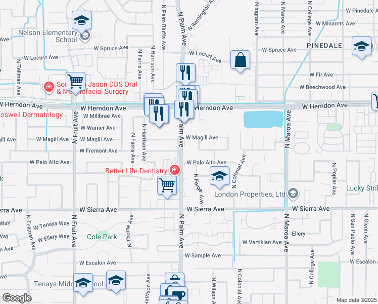 map of restaurants, bars, coffee shops, grocery stores, and more near 6614 North Palm Avenue in Fresno