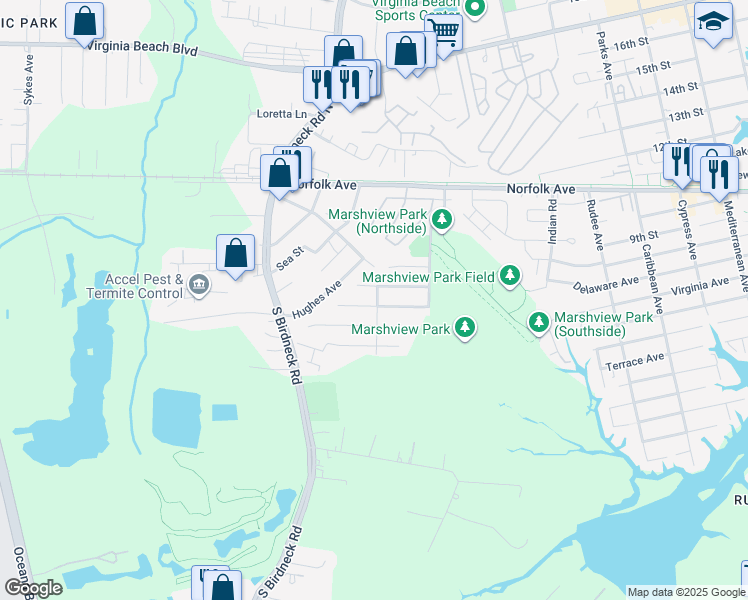 map of restaurants, bars, coffee shops, grocery stores, and more near 1400 Preserve Drive in Virginia Beach