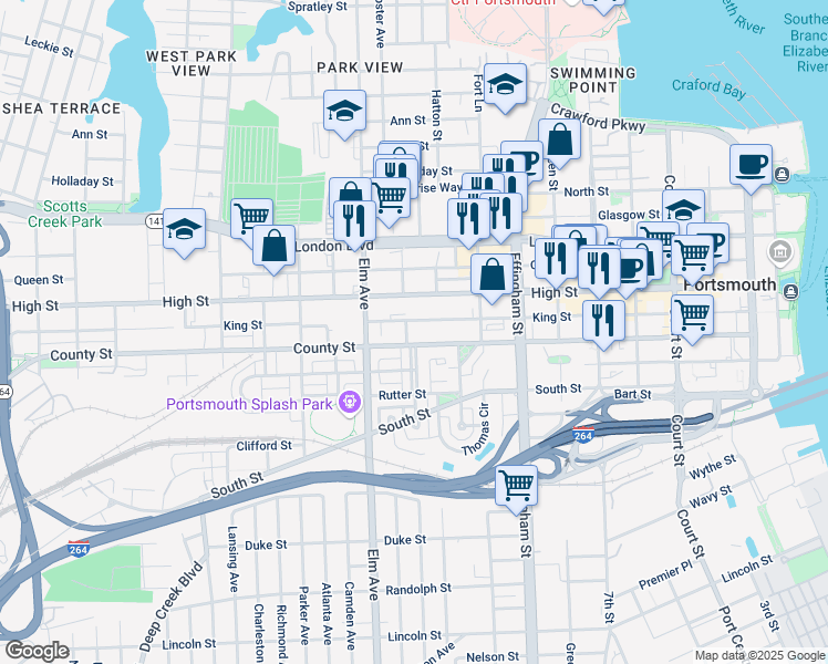 map of restaurants, bars, coffee shops, grocery stores, and more near 1000 County Street in Portsmouth