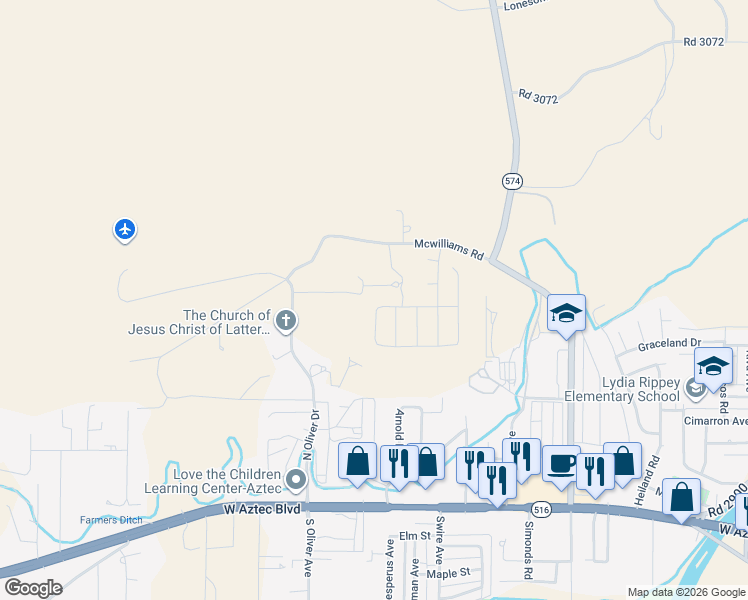 map of restaurants, bars, coffee shops, grocery stores, and more near 3244 Blancett Drive in Aztec