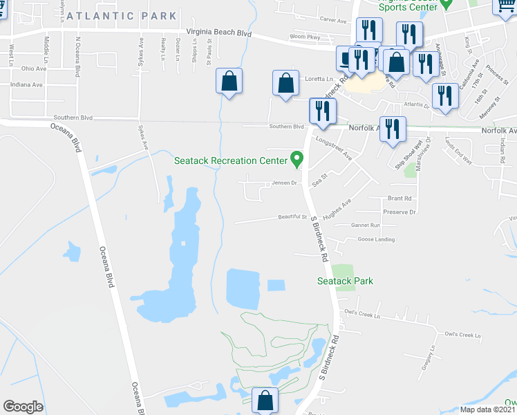 map of restaurants, bars, coffee shops, grocery stores, and more near 1236 Jensen Drive in Virginia Beach