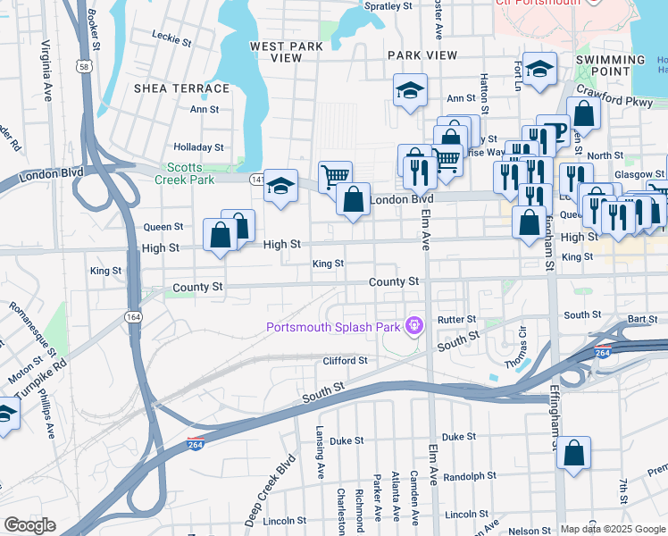 map of restaurants, bars, coffee shops, grocery stores, and more near 1503 King Street in Portsmouth