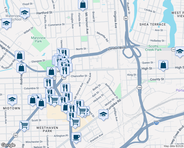 map of restaurants, bars, coffee shops, grocery stores, and more near 1301 Wool Avenue in Portsmouth