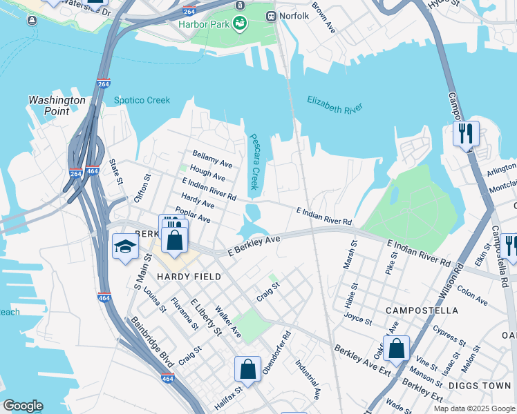 map of restaurants, bars, coffee shops, grocery stores, and more near in Norfolk