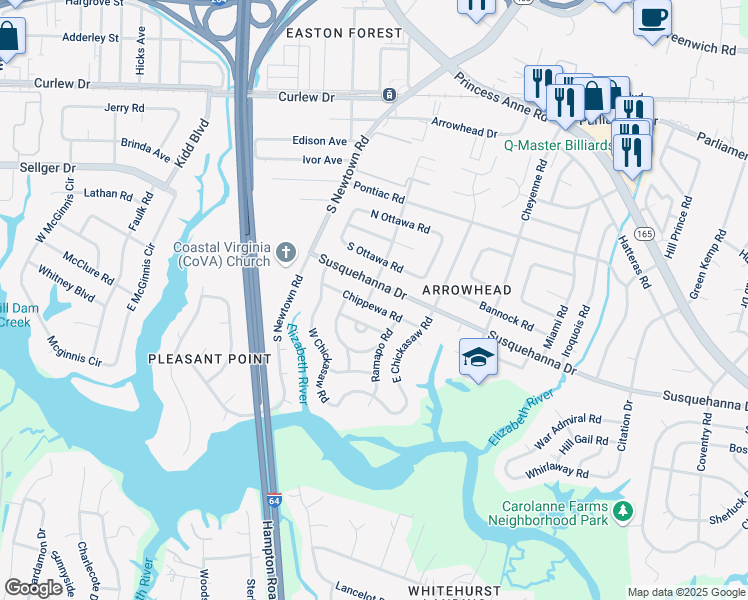 map of restaurants, bars, coffee shops, grocery stores, and more near 304 Cherokee Road in Virginia Beach