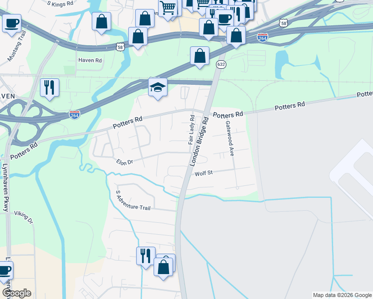 map of restaurants, bars, coffee shops, grocery stores, and more near 2228 Elon Drive in Virginia Beach