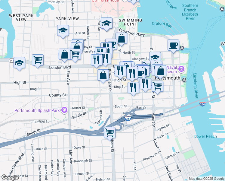 map of restaurants, bars, coffee shops, grocery stores, and more near 617 Effingham St in Portsmouth