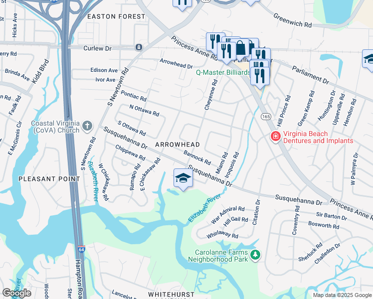map of restaurants, bars, coffee shops, grocery stores, and more near 5704 Bannock Road in Virginia Beach